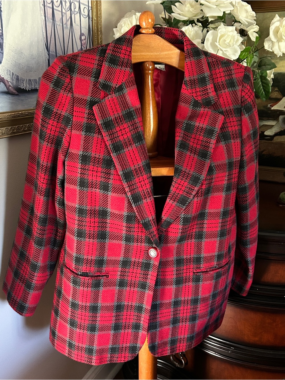 Requirements Red and Black Plaid Single-Button Blazer Jacket Sz 12